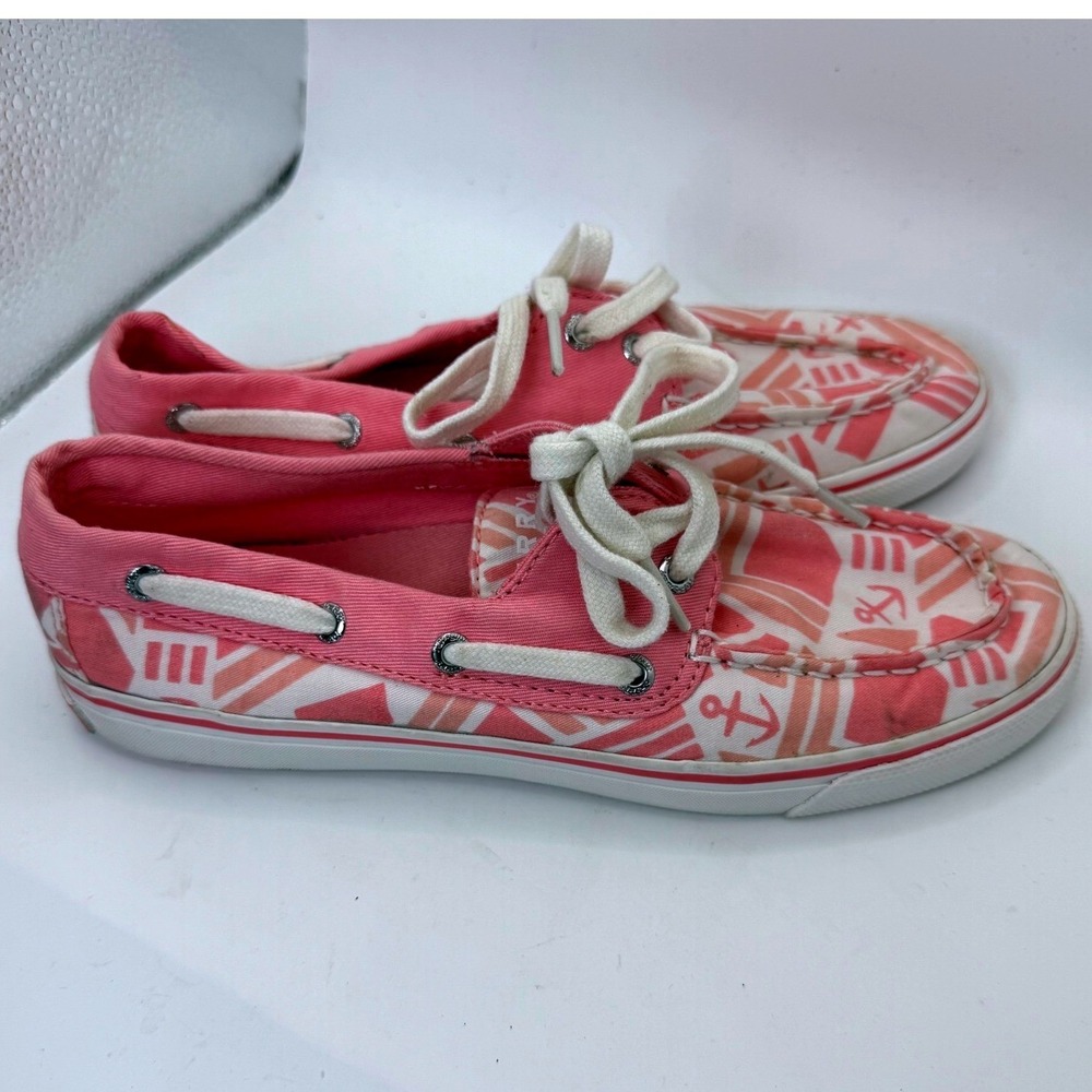 Sperry Top-Sider Boat Shoes Anchor Print Pink White Lace Up Women's Sz 6M